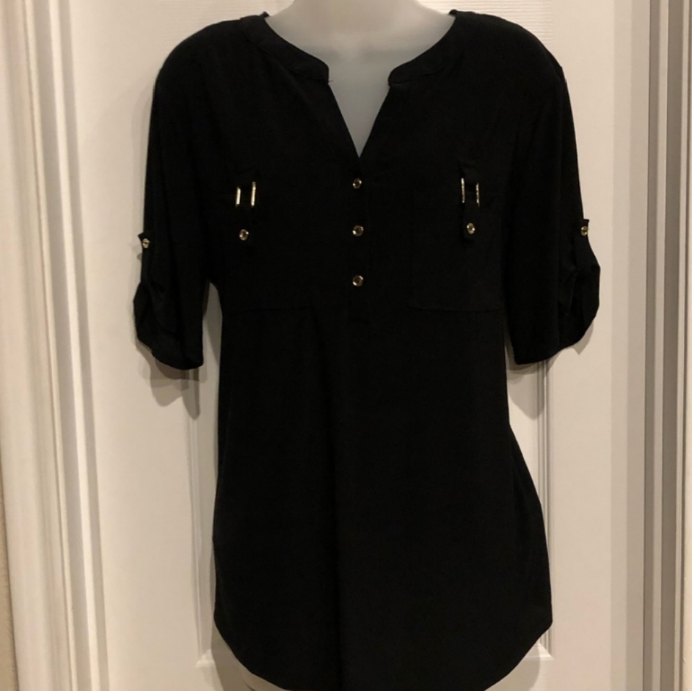Dressy stretchy silky black top with gold accents